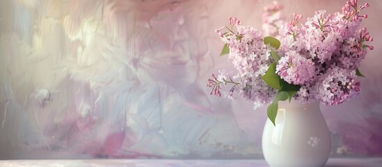 Leinwandbilder - A white vase holding a bouquet of lilac with copy space image