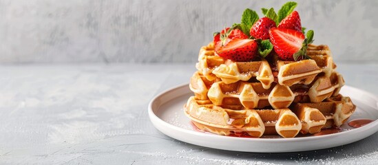 Poster - Selective focus on waffles topped with fresh strawberries in a copy space image