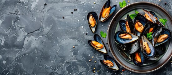 Poster - Image of raw mussels and clams on a plate captured from a top view with a flat lay perspective showing copy space and a horizontal orientation with no people in the shot