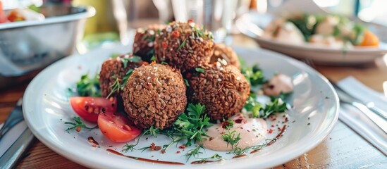 Aufkleber - Gourmet falafel served on a white plate with sauce merken on a table in daylight ideal as a copy space image