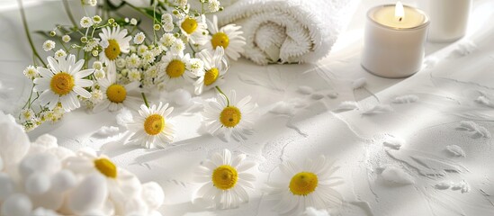 Poster - Relaxation promoted with a spa setup featuring chamomile elements on a white textured backdrop for beauty treatments with room for text or images. Creative banner. Copyspace image