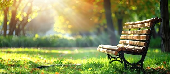 Poster - Park bench surrounded by nature offering a peaceful retreat with copy space image