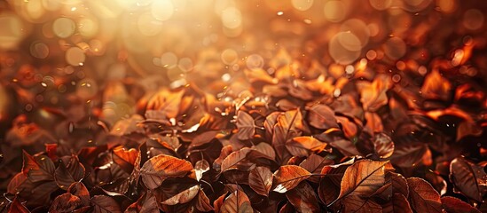 Canvas Print - Morning sunlight illuminates dry brown autumn leaves creating a seasonal fall background with a copy space image for a holiday concept