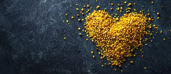 Poster - A heart shape created from yellow spices on a black background for a cookery theme with copy space for text or labels in an overhead flat lay view