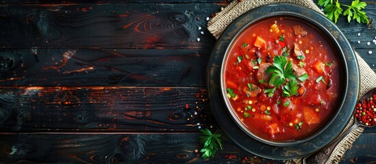 Ukrainian cuisine featuring vibrant red borsch soup with meat pieces and spices on a dark wooden backdrop in a top down view Ideal for a copy space image