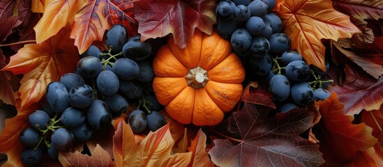 Wall Mural - Fall themed arrangement featuring an orange pumpkin surrounded by grapes and autumn leaves creating a cozy and festive copy space image