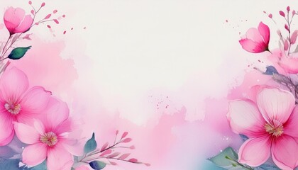Wall Mural - Pink flower frame background with watercolor