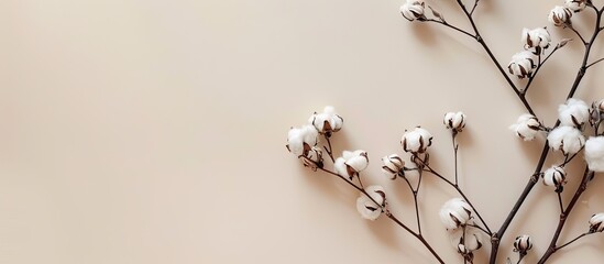 Poster - Fluffy cotton branch with flowers on beige backdrop copy space image included