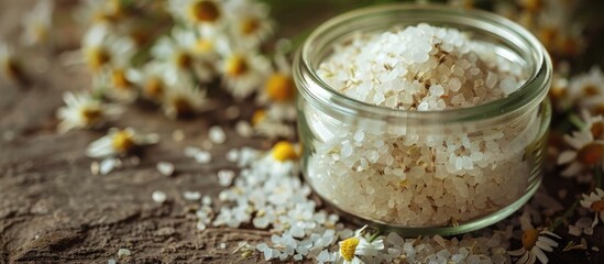 Aufkleber - A glass jar filled with herbal chamomile sea salt on a textured backdrop This body care product is a natural organic beauty concept with a designated area for including text Incorporates a copy space