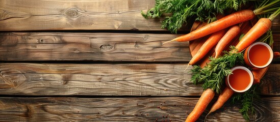 Poster - Wooden table with fresh carrot juice in flat lay configuration suitable for text in copy space image
