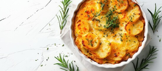 Poster - Top view of a traditional homemade potato casserole with herbs on a white background with a clear area for additional imagery like a copy space image