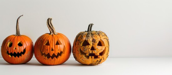 Poster - Three Halloween pumpkins adorned with intricate carvings set against a white backdrop ideal for a copy space image capturing the essence of Halloween traditions and celebrations