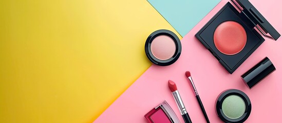 Poster - Vibrant makeup array on a pastel pink and yellow backdrop in a flat lay setup with a copy space image
