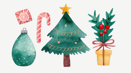 Poster - Celebrate the festive season with this exquisite watercolor Christmas collection featuring trees, candy, garlands, and gifts.