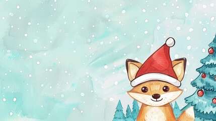 Sticker - A festive fox dons a bright red Santa hat, surrounded by a whimsical winter wonderland in vibrant watercolor hues.