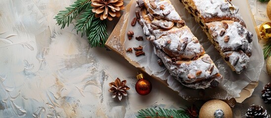 Sticker - A festive Christmas Stollen adorned with powdered sugar displayed on a rustic white table in a flat lay composition with room for text. Creative banner. Copyspace image