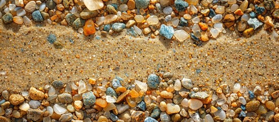 Poster - Top view of sand with small multicolored stones offering a natural and serene appearance in a copy space image