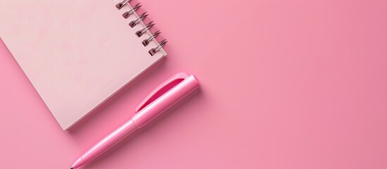 Wall Mural - Pink background with copy space for text featuring a pen and a notebook