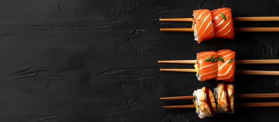 Poster - Sushi pieces held by chopsticks on a black backdrop with a copy space image for a creative Japanese cuisine concept Top down view