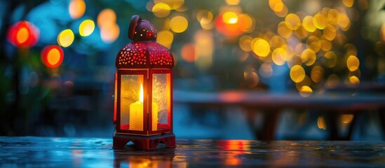 Leinwandbilder - A warm and cozy ambiance at night with a single red and yellow lantern providing a soft glow from its candle set against a blurred copy space image