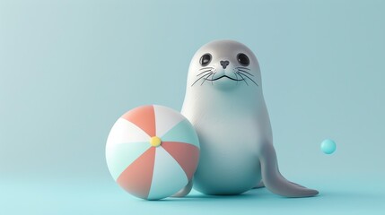 Wall Mural - A 3D cartoon seal sits on a blue background, next to a colorful beach ball.