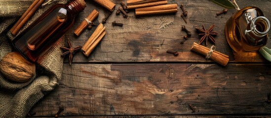 Poster - A wooden background with cinnamon sticks and aromatic essential oil for aromatherapy and organic cosmetics creating a spa concept with a designated copy space image included