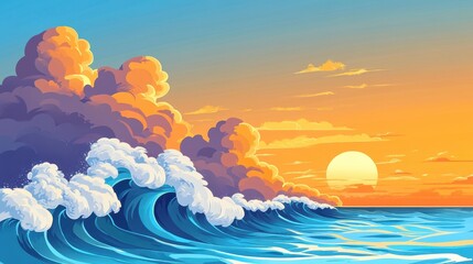 Sticker - A vibrant digital painting captures the sea rising to meet the sky, showcasing bright colors and a serene sunrise atmosphere.