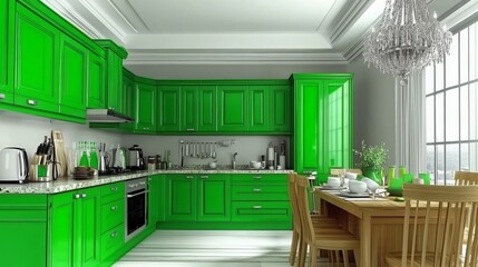 Wall Mural - A modern kitchen with green cabinets and a large window.