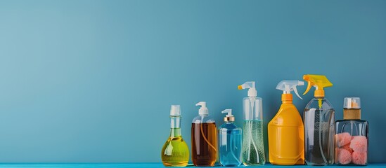 Aufkleber - Various bottles and spray containers are arranged neatly on the table against a blue background creating a composition with copy space image