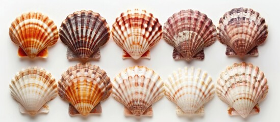 Poster - Several fresh scallop seashells arranged on a white backdrop providing ample copy space image