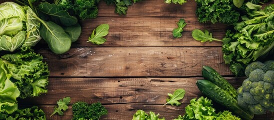 Poster - Top down view of a wooden table featuring fresh green vegetables ideal for a copy space image