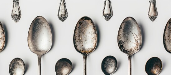 Poster - Vintage spoons displayed in a silverware pattern against a white background in a kitchen themed copy space image captured from a top down perspective