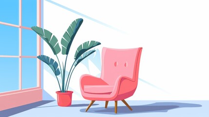 Sticker - Cozy pink armchair by the window, overlooking a lush garden in a charming cartoonstyle illustration.