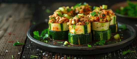 Poster - Minced chicken and veggies fill zucchini columns on a plate against a dark wood backdrop with copy space image