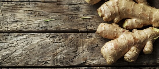 Poster - Macro shot of ginger on a wooden backdrop with ample copy space image available