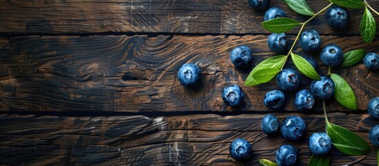 Sticker - Ripe blueberries placed on weathered wooden backdrop in a flat lay style with copy space image