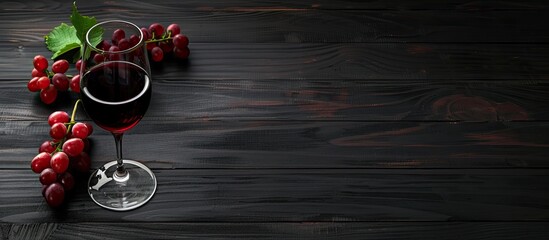 Fototapete - Red wine in a glass grapes on a black wooden table with copy space image