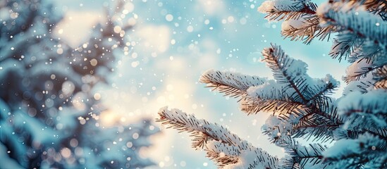 Fototapete - Fluffy snow covers spruce branches in forest setting against a blue sky providing copy space image for Background Textures