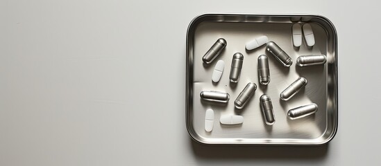 Aufkleber - White background featuring a stainless steel pill counting tray with copy space image