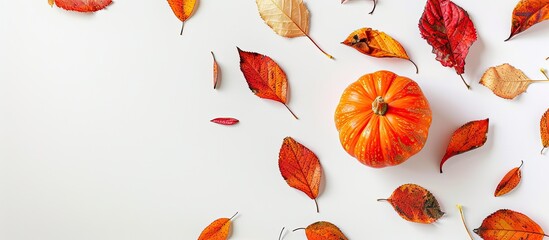Aufkleber - Vibrant leaves and a pumpkin on a white backdrop with copy space image Perfect for autumn fall or Thanksgiving themes Flat lay view from the top
