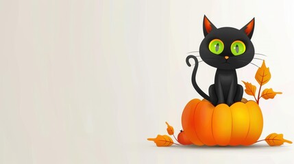 Sticker - A haunting black cat with bright green eyes perched atop a pumpkin, creating the perfect spooky Halloween vibe.