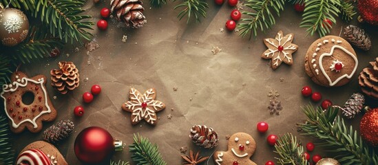 Poster - A festive holiday themed photo featuring red and white decorations like fir branches gingerbread and ornaments shot from above with a vintage filter and an empty copy space image
