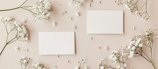 Fototapete - Minimalistic business card template featuring mockup copy space image with gypsophila flowers on a beige background designed for a sleek and professional look in a flat lay top view style