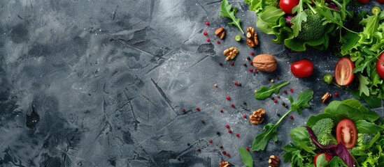 Poster - Fresh organic vegetables walnuts and salad mix on a stone cooking background with copy space for an image viewed from above and flat