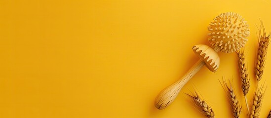 Poster - Wooden rattle and dry spikes on yellow backdrop in a top view copy space image