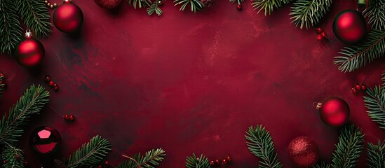 Fototapete - Festive Christmas backdrop with fir branches and ornaments on a crimson background perfect for copy space image