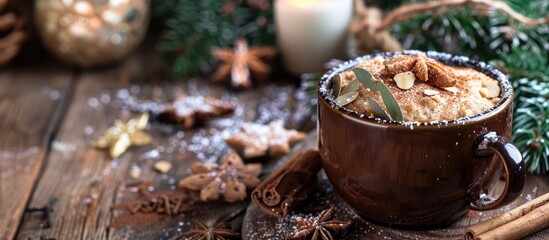 Poster - Quick Christmas breakfast idea A festive mug cake with traditional winter spices in a Christmassy setting with copy space image on a wooden background