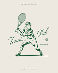 Vintage hand-drawn vector illustration of a tennis player in action with 