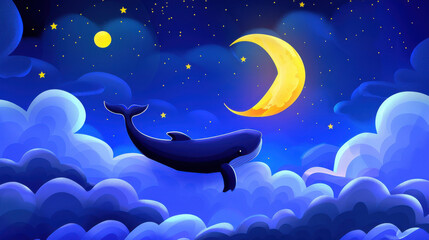 Canvas Print - A whimsical whale glides through a starry night sky, emerging from fluffy cloudsa captivating photo wallpaper design.