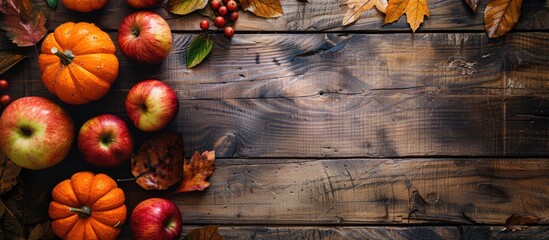 Poster - Thanksgiving themed rustic table setting for fall with pumpkins apples and autumn leaves seen from above on wooden surface Seasonal decor with space for text or image. Creative banner. Copyspace image